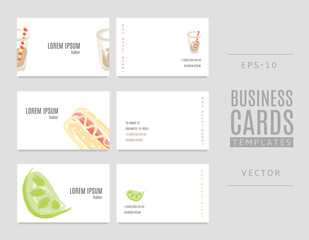 Business cards for bakers, shops and confectioneries with lime, hot dog and soda.