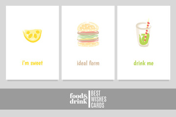 Greeting cards with lemon, hamburger and soda with inscriptions: "i'm sweet", "ideal form", "drink me"