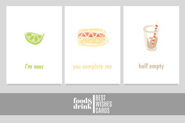 Greeting cards with lime, hot dog and soda with inscriptions: "i'm sour", "you complete me", "half empty"