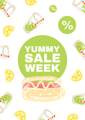 Poster with hot dog, sweet soda water and lemon slices. Discount offer with inscription: "Yummy sale week".