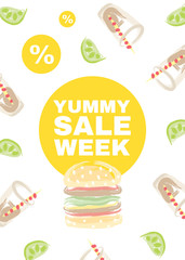 Poster with hamburgers, sweet soda water and lemon slices. Discount offer with inscription: "Yummy sale week".