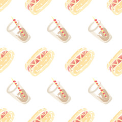 Seamless pattern with glasses of sweet soda water and hot dogs. Hand drawn vector illustration.