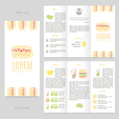 Tri-fold brochure with hand drawn lemon, hamburger, hot dog and soda.