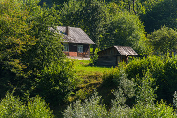 Fototapeta premium Old rural house on the mountainside with green trees and shrubs