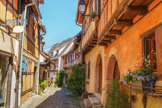 .Half-timbered architecture in Alsace. The ancient city of Aegisheim. Wine Road Alsace.