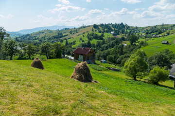 Fototapeta na wymiar Transcarpathian village with a haylage built in a log hut near the scattered hills of houses