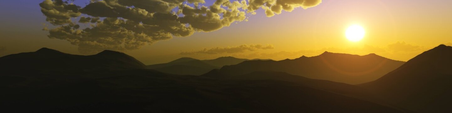 Silhouettes of mountains at sunset. Panorama of the hills at sunset. Silhouettes of the hills at sunset.

