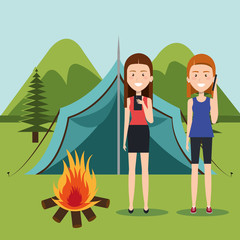 girls with smartphones in the camping zone