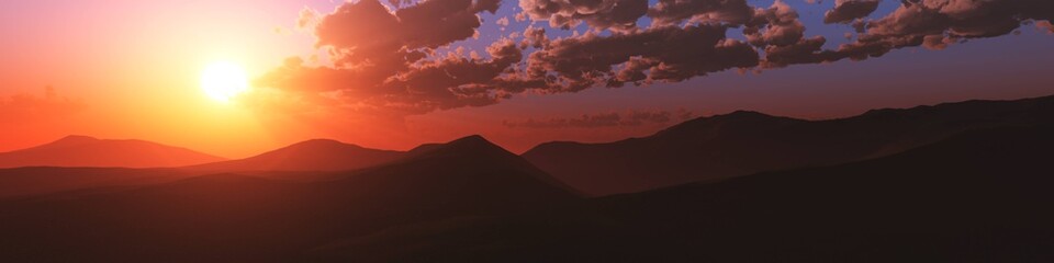 Silhouettes of mountains at sunset. Panorama of the hills at sunset. Silhouettes of the hills at sunset.
