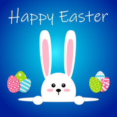 White easter rabbit with eggs. Funny bunny in flat style. Easter Bunny. On blue winter background. Colorful Happy Easter greeting card. Vector illustration.