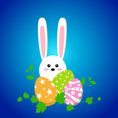 White easter rabbit with eggs. Funny bunny in flat style. Easter Bunny. On blue winter background. Colorful Happy Easter greeting card. Vector illustration.