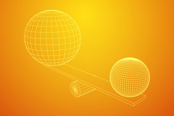 Simple seesaw scales weighing big and small abstract spheres. Balance, comparison and equality concept. . Wireframe low poly mesh vector illustration