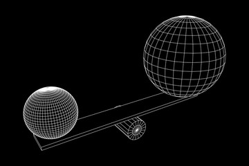 Simple seesaw scales weighing big and small abstract spheres. Balance, comparison and equality concept. . Wireframe low poly mesh vector illustration