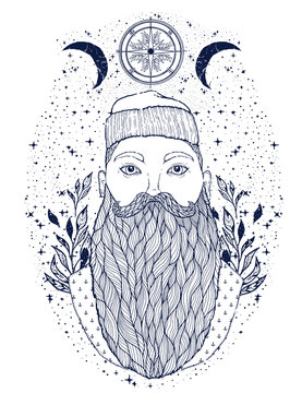 Hand Drawn vintage hipster sailor beard portrait. Old tatoo seaman. Man is an ideal art for print,coloring book, posters, t-shirts and textiles. Mystical image marine.