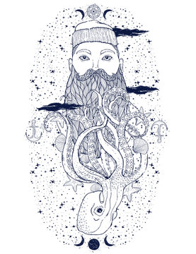 Hand Drawn vintage hipster sailor beard portrait. Old tatoo seaman. Man is an ideal art for print,coloring book, posters, t-shirts and textiles. Mystical image marine.