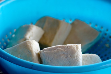 Selective focus. Fresh fried tofu. Healthy and vegan food style.
