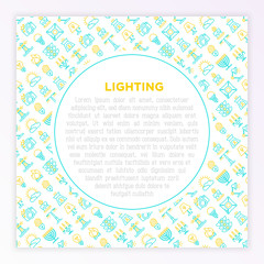 Lighting concept with thin line icons: bulb, LED, CFL, candle, table lamp, sunlight, spotlight, flash, candelabrum, bonfire, menorah, lighthouse, aroma lamp. Vector illustration, print media template.