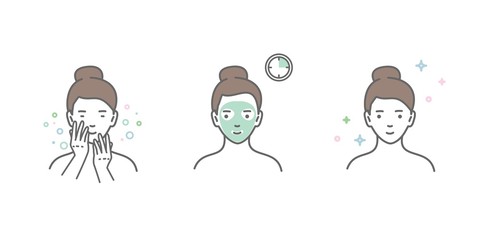 Steps how to apply facial mask. Vector line illustrations set isolated.