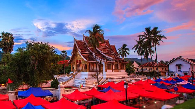 Timelapse of night market at the Royal Palace Museum in Luang Prabang city, Laos