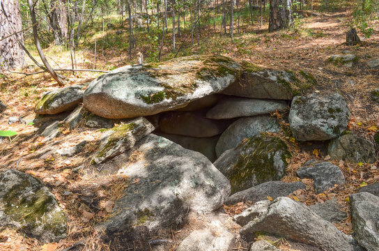 Ancient dolmen of the Neolithic age in the southern Urals. Island of Vera on Turgoyak Lake