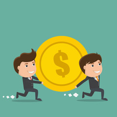 Businessman and his friend carrying big money coin.Vector illustration.
