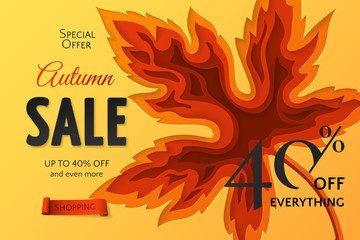 Autumn sale banner with carving art of maple leaf. 3D realistic fall background in paper cut style for design of flyers with discount offers. File contains clipping mask.