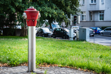 Fototapeta na wymiar Roter Hydrant für die Feuerwehr zur Feuerbekämpfung