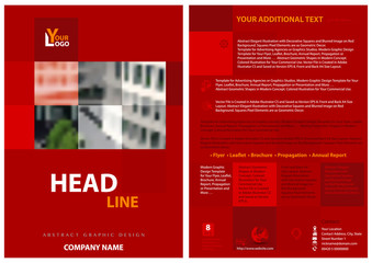 Red Flyer Template with a Blurred Image of Buildings - Squares Symbolize Pixel Graphics, Vector Illustration,