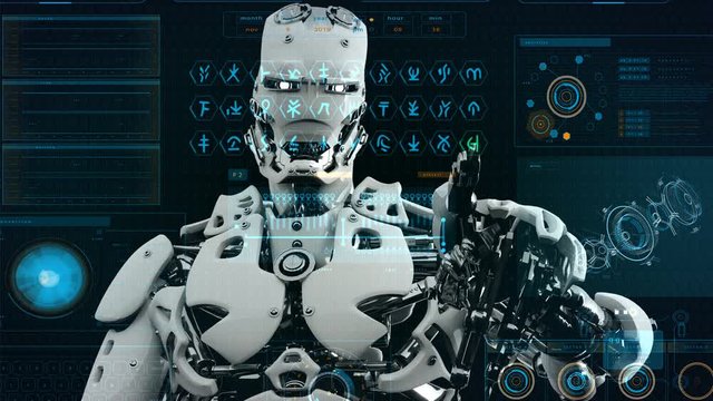 Robot android presses the keys on sci-fi screen. Realistic motion background. 4K.