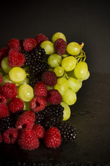 Varied fruit, blackberry, raspberry and grapes