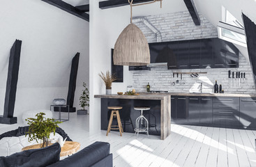 Modern open-plan apartment in attic, loft style, 3d render © artjafara