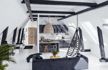 Obraz na płótnie Canvas Modern open-plan apartment in attic, loft style, 3d render
