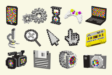 Fototapeta premium Different symbols for internet communication, smart intelligent custom tools. Pixel art ,3d cubes Icons