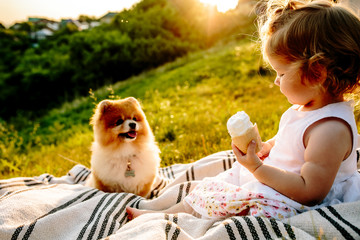 a little girl with ice cream sitting on a blanket in the Park at sunset. Dog looks at it