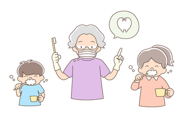 歯科医_説明_シニア女性と子ども