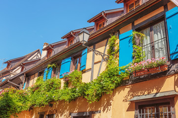 .Half-timbered architecture in Alsace. The ancient city of Aegisheim. Wine Road Alsace. France.