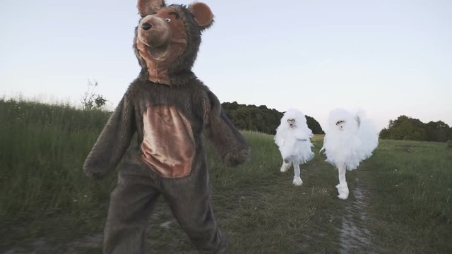 Two funny clowns mime in white air suits are chasing a ridiculous bear along a country road in the field.