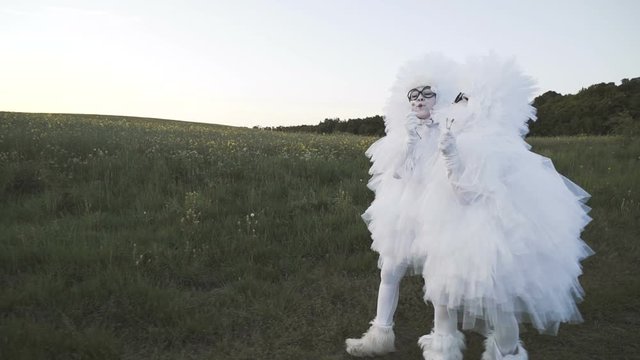 Two amusing clowns mime in white air suits are having fun on a country road in the field.