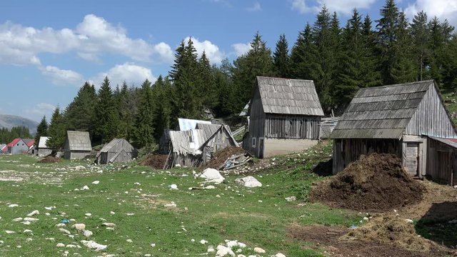 Dilapidated barns on the outskirts of Zabljak town. Montenegro.