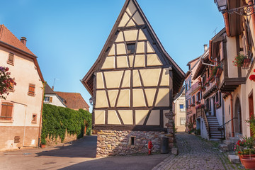 .Half-timbered architecture in Alsace. The ancient city of Aegisheim. Wine Road Alsace. France.