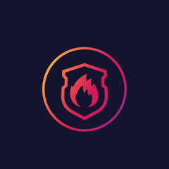 Fire protection vector icon with shield and flame