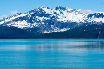A view in Glacier Bay, Alaska of the snow capped moutains