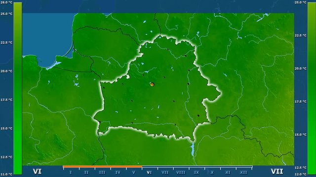 Maximum temperature by month in the Belarus area with animated legend - glowing shape, administrative borders, main cities, capital. Stereographic projection