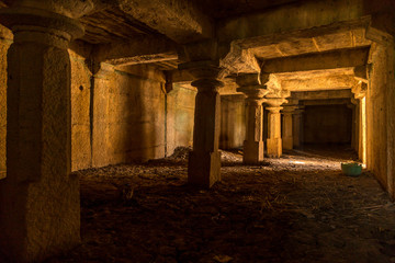 Fototapeta na wymiar Inside view of ancient temple in Hampi, India. Old architecture building.