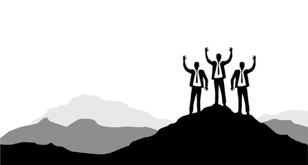 Businessmen raising their hands on a mountain peak. Victory concept.