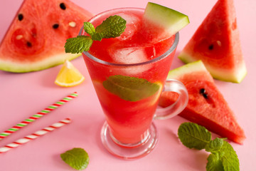 Cold watermelon lemonade  on the pink   background