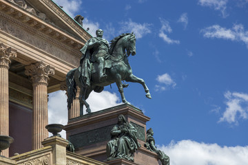 Fototapeta na wymiar Equestrian monument to Prussian King Friedrich Wilhelm IV in front of the museum, installed in 1886 in Berlin