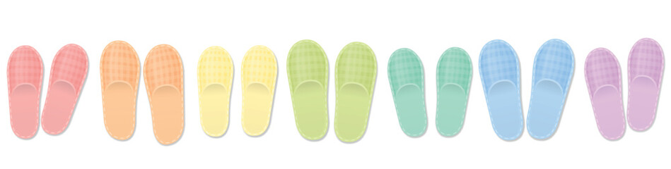 Guest slippers. Rainbow colored collection for the whole family, for guests, for shared student flat or any happy people or welcoming community. Isolated vector illustration on white background.