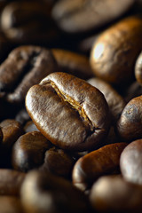 Medium roasted coffee beans shot at an angle