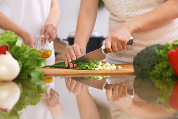 Closeup of human hands cooking in kitchen. Mother and daughter or two female friends cutting vegetables for fresh salad. Healthy meal, vegetarian food and lifestyle concepts